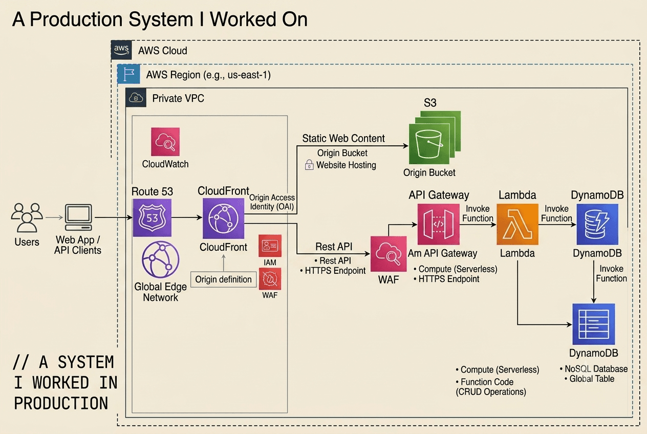 Architecture of a production AWS system. Users reach it through a web app or API client, resolved by Route 53 across CloudFront's global edge network. CloudFront serves static web content from an S3 origin bucket via an origin access identity, and routes REST API traffic through WAF to API Gateway, which invokes Lambda to run CRUD operations against DynamoDB. IAM and WAF guard access; CloudWatch provides observability.